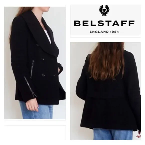 Belstaff Dallington Double Breast Cropped Pea Coat Cashmere/Wool Blend Black S - Picture 4 of 16